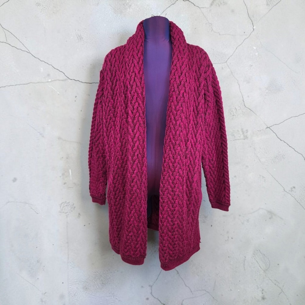 Aran Crafts Ireland Magenta Pink 100% Merino Wool Cable Knit Cardigan Sweater XL